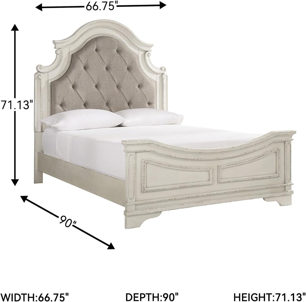 Signature Design by Ashley Realyn Queen Upholstered Bed Frame | 71-inch tall tufted headboard, Traditional panel bed of veneers, wood and engineered wood, French country style