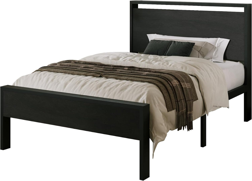 Allewie Twin Size Bed Frame, Heavy Duty 12 Metal Slats Support, Black Oak