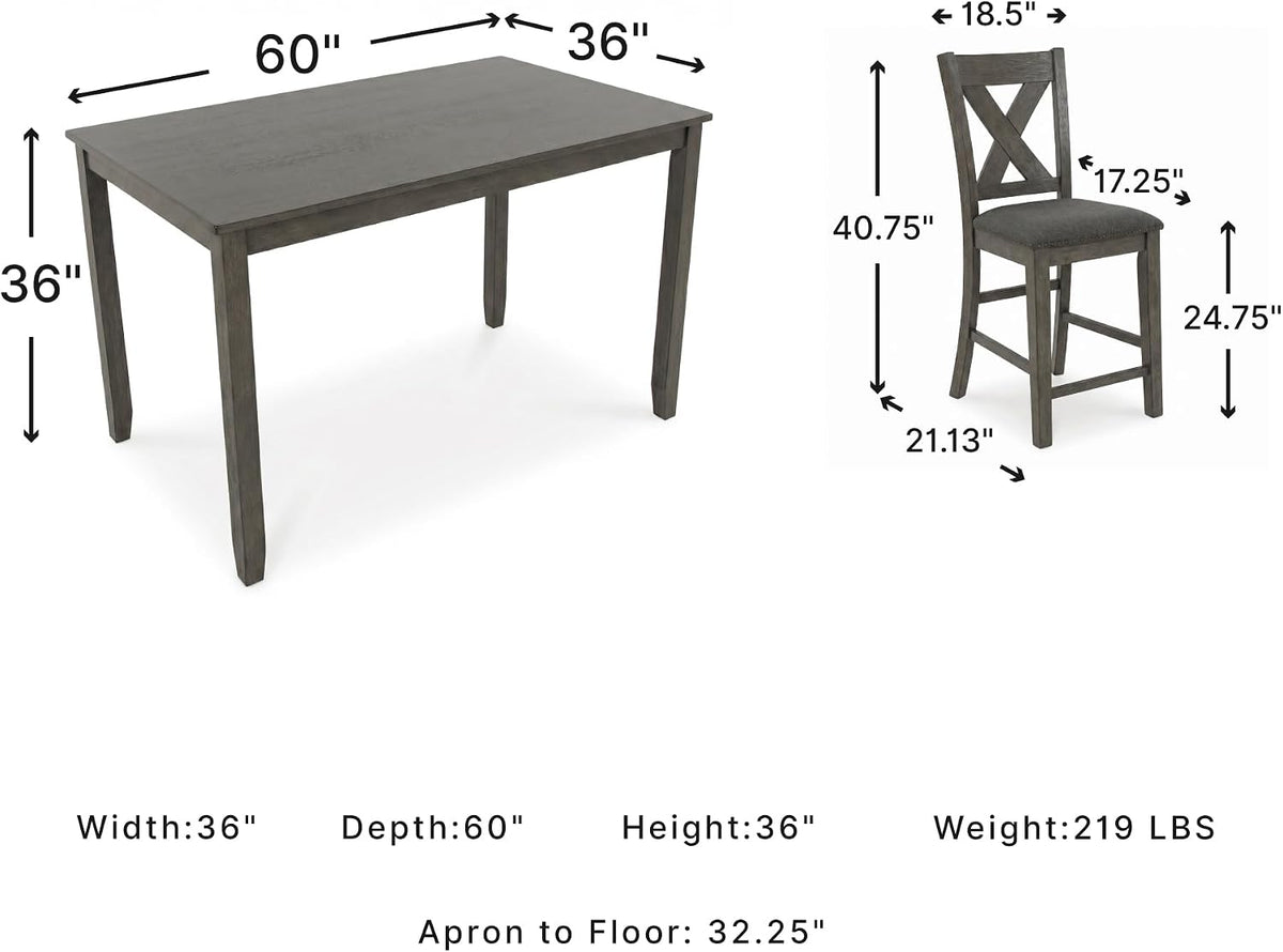 Signature Design by Ashley Caitbrook Counter Height Dining Table Set for 6 | Hardwood solids, Acacia veneer and MDF substrate table, 6 upholstered space-saving stools, Antiqued gray wash finish