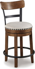 Signature Design by Ashley Valebeck Counter Height Bar Stool, Brown | Rustic-industrial wood and metal stool, Cushioned comfort, Tailored nailhead trim, Smooth 360-degree swivel