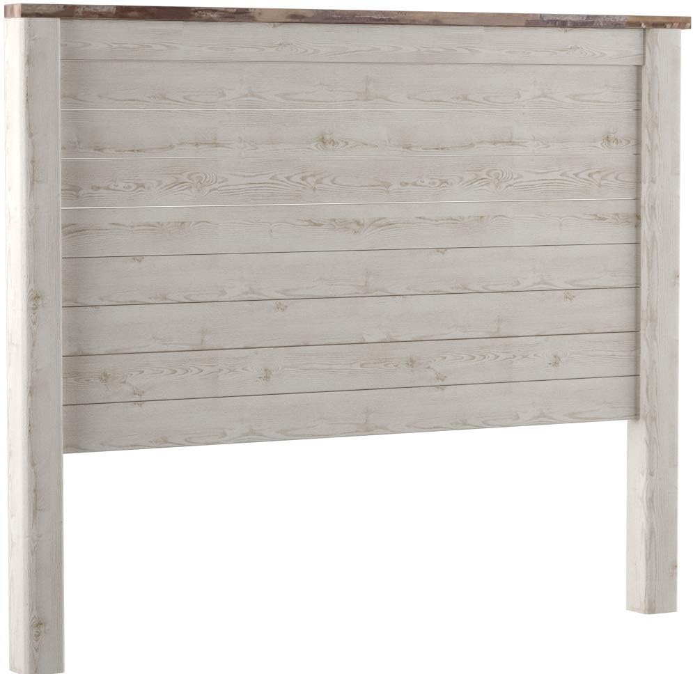 Signature Design by Ashley Coastal Queen Panel Headboard, Whitewash | Engineered wood rustic queen headboard, Farmhouse headboard queen option with built-in USB chargers, Willowton Series