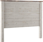 Signature Design by Ashley Coastal Queen Panel Headboard, Whitewash | Engineered wood rustic queen headboard, Farmhouse headboard queen option with built-in USB chargers, Willowton Series