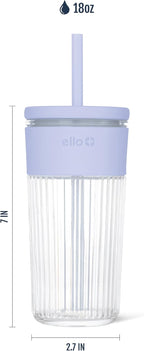 Ello Ava 18oz Glass Tumbler with Straw and Lid for Iced Coffee, Blueberry