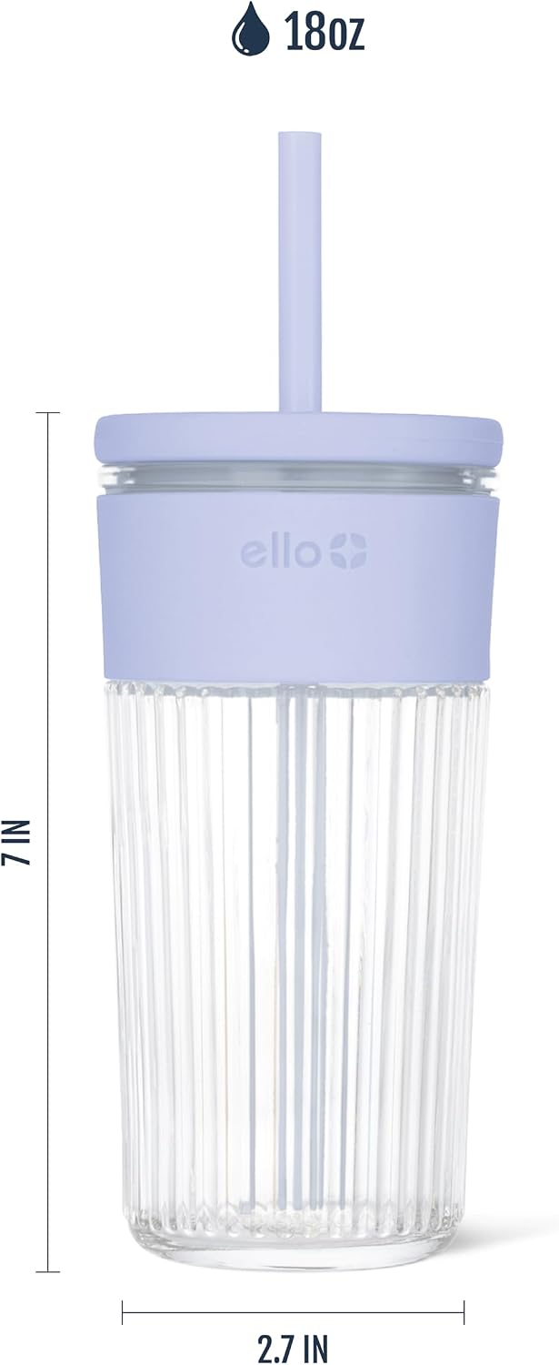 Ello Ava 18oz Glass Tumbler with Straw and Lid for Iced Coffee, Blueberry