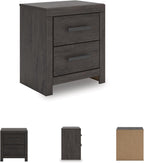 Signature Design by Ashley 2 Drawer Grey Nightstand, Charcoal, Prendonea | Engineered wood with decorative laminate, Smooth-gliding drawers, Replicated oak texture, Sturdy 41 lb solid frame