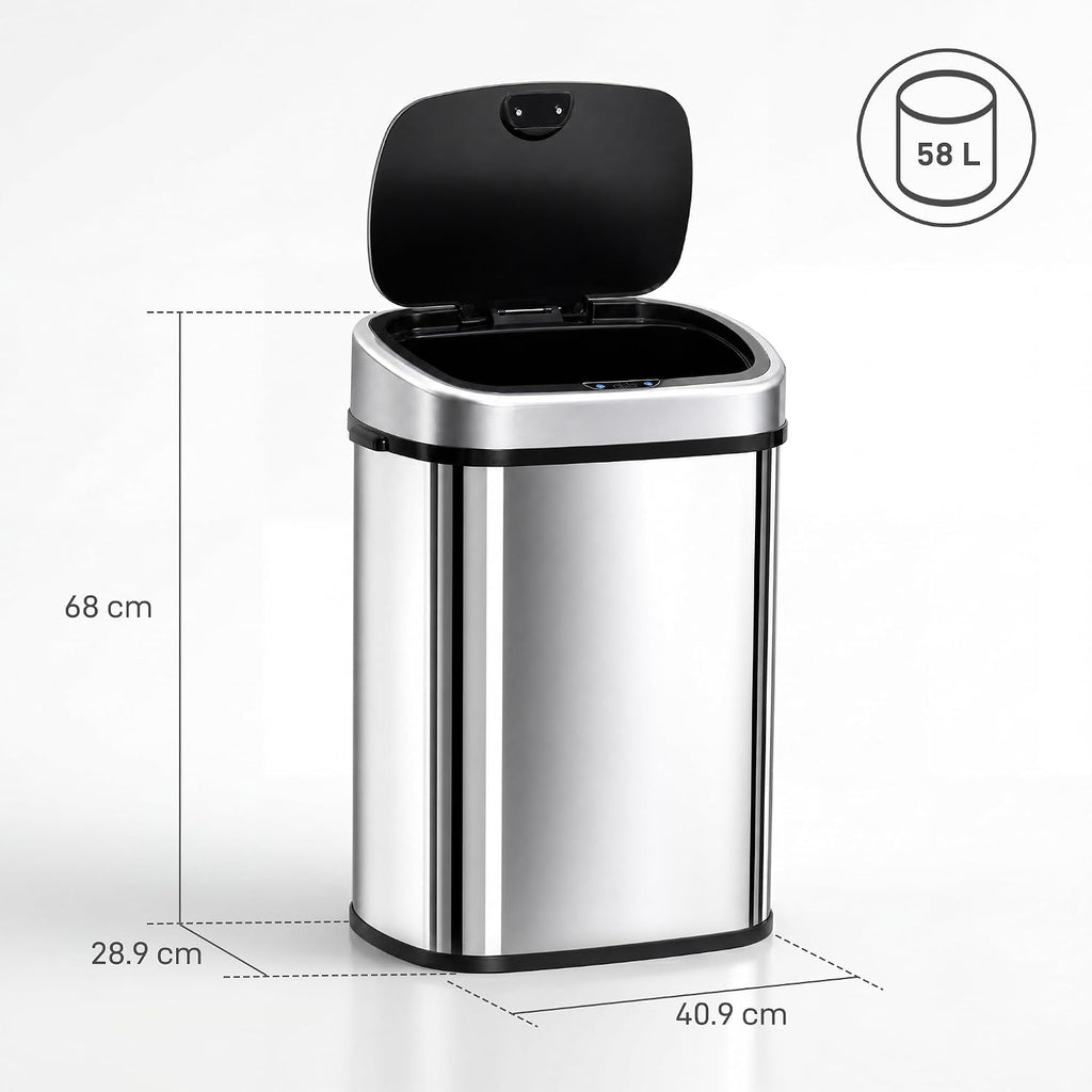 HOMCOM 58L Motion Sensor Bin Automatic Touchless for Kitchen Silver Tone
