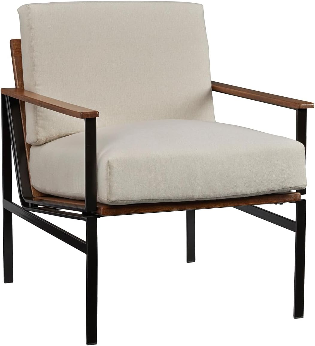 Signature Design by Ashley Accent Chair, Cream Upholstered Wood, Tilden | 100% polyester loose cushions, Warm brown wood arm caps, Oil-rubbed bronze tone metal base, Living room lounge seating