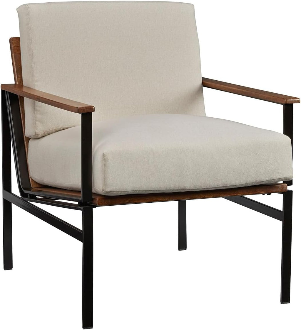 Signature Design by Ashley Accent Chair, Cream Upholstered Wood, Tilden | 100% polyester loose cushions, Warm brown wood arm caps, Oil-rubbed bronze tone metal base, Living room lounge seating