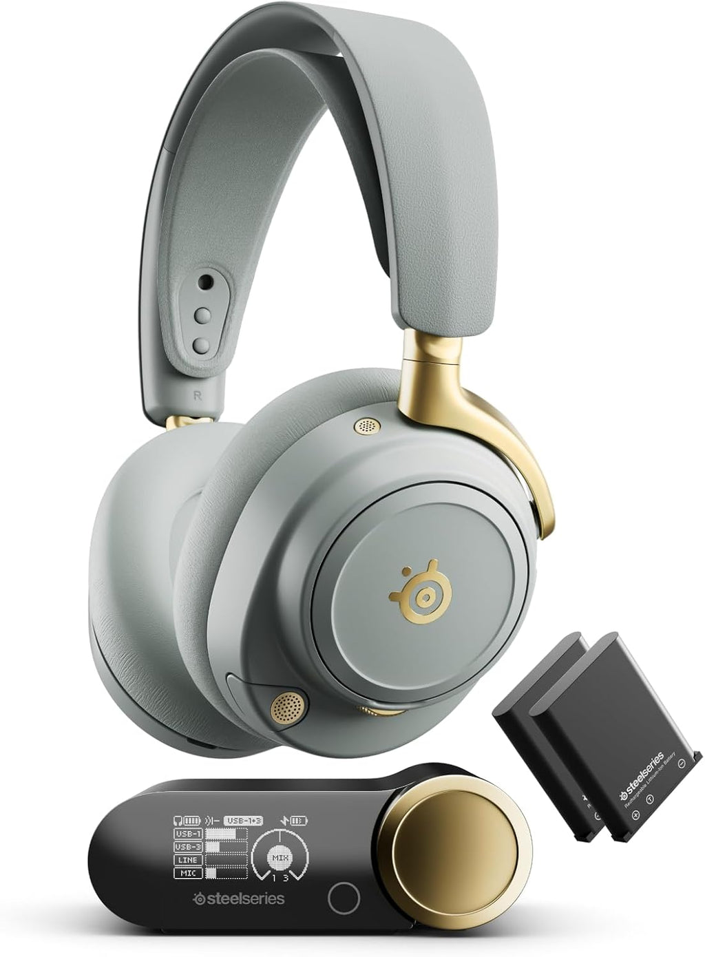 SteelSeries Arctis Nova Elite - Hi-Res Wireless Gaming Headset - 96kHz/24bit - Carbon Fiber Speakers - ANC - AI Noise Rejection - App - 2.4GHz + BT - Multi-Source Mix; OmniPlay PC+PS+Xbox - Sage&Gold