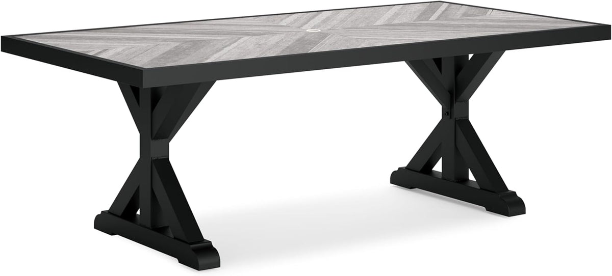 Signature Design by Ashley Beachcroft Outdoor Dining Table, Rust-Resistant Farmhouse Design with Porcelain Tabletop and Umbrella Hole, for Patio Entertaining, Black/Light Gray, 84-Inch
