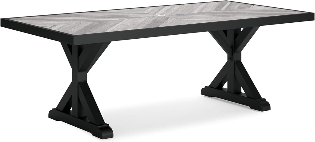 Signature Design by Ashley Beachcroft Outdoor Dining Table, Rust-Resistant Farmhouse Design with Porcelain Tabletop and Umbrella Hole, for Patio Entertaining, Black/Light Gray, 84-Inch