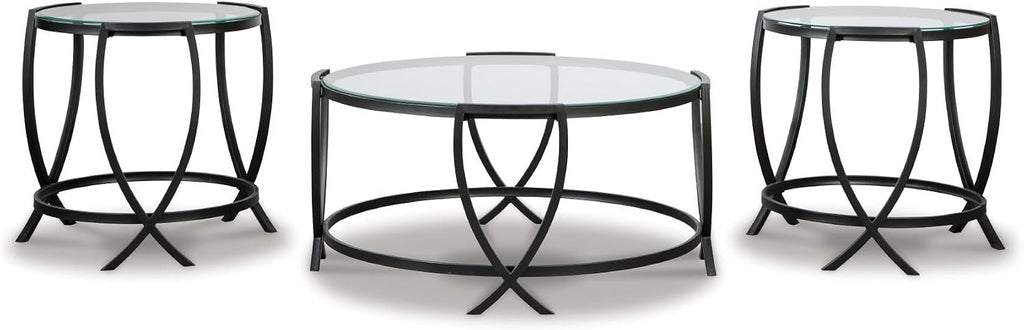 Signature Design by Ashley 3-Piece Glass Top Round Coffee Table Set, Black | Elegant beveled tempered glass, Modern arc-X metal frames, Space-saving Tarrin Series 3-piece set
