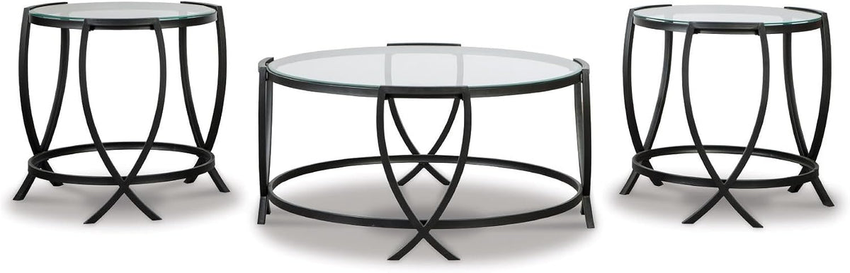 Signature Design by Ashley 3-Piece Glass Top Round Coffee Table Set, Black | Elegant beveled tempered glass, Modern arc-X metal frames, Space-saving Tarrin Series 3-piece set