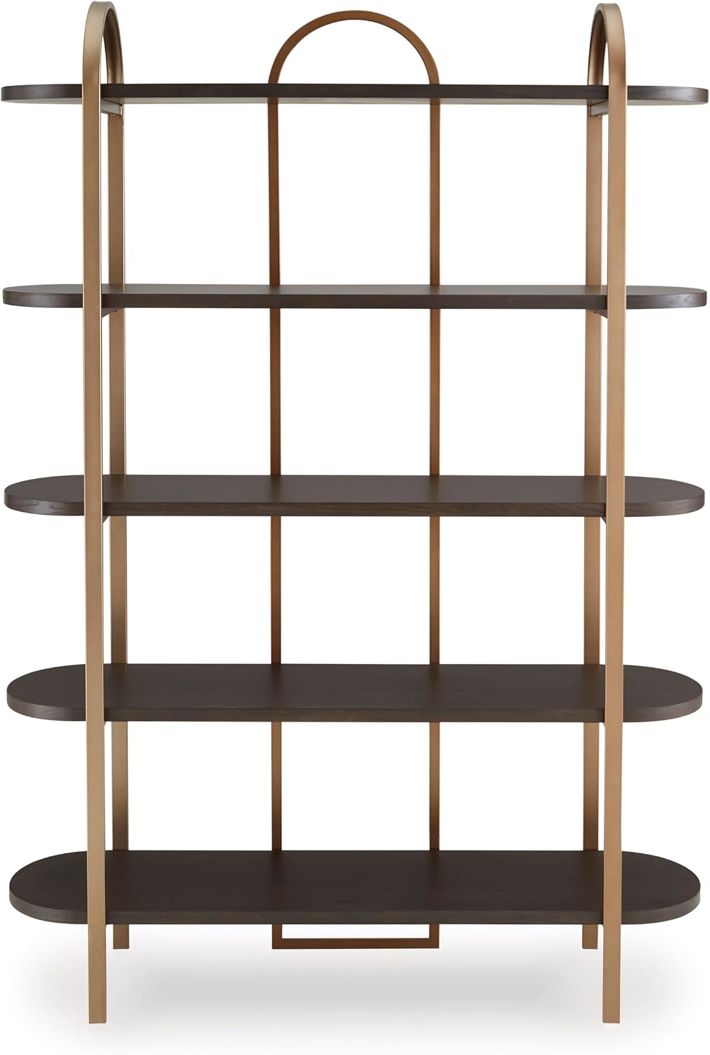 Signature Design by Ashley 5-Shelf Etagere Bookcase, Antiqued Gold | Antiqued goldtone metal frame, Ash veneer and engineered wood shelves, 48-inch wide open design, 72-inch height, Brentmour