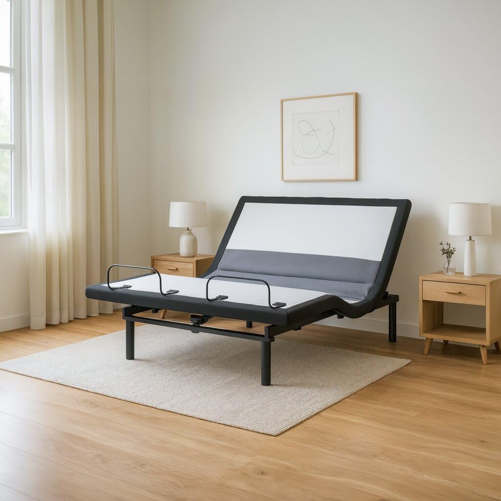 Signature Design by Ashley King Adjustable Bed Frame, Lumbar & Audio | Charcoal gray metal and polyester frame, Multi-color under-bed lighting with motion sensor, 3-year non-prorated warranty