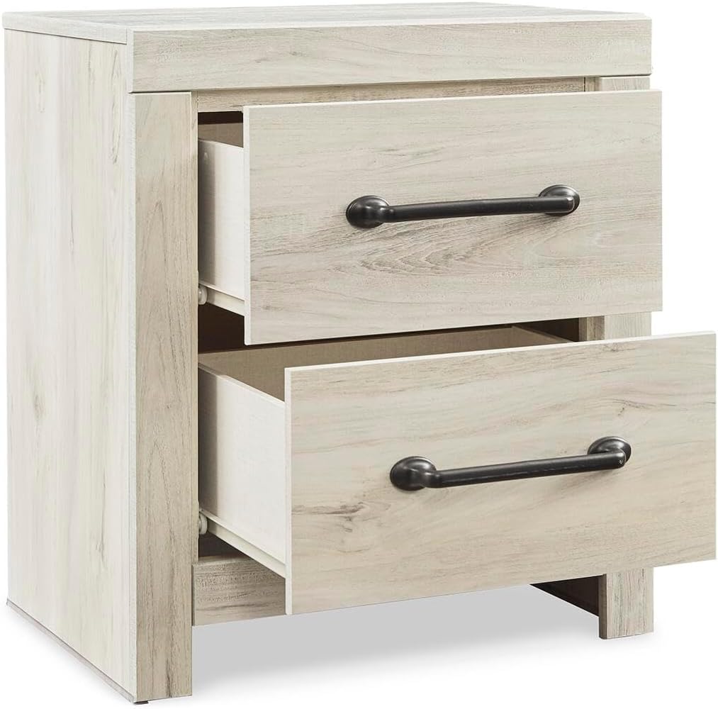 Signature Design by Ashley 2 Drawer White Nightstand with Charging Station | Engineered wood bedside table with dark elongated hardware, Faux linen drawer linings, 22"W x 16"D x 25"H, Cambeck Series