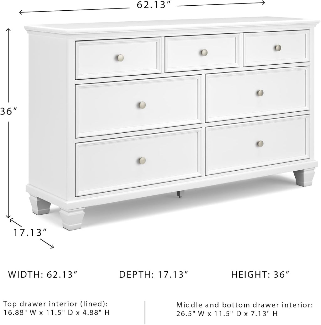 Signature Design by Ashley Fortman White 7-Drawer Wide Dresser for Bedroom | Painted wood chest, Tapered feet, Smooth ball-bearing glides, Durable hardwood solids and MDF substrate construction