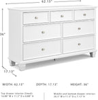 Signature Design by Ashley Fortman White 7-Drawer Wide Dresser for Bedroom | Painted wood chest, Tapered feet, Smooth ball-bearing glides, Durable hardwood solids and MDF substrate construction