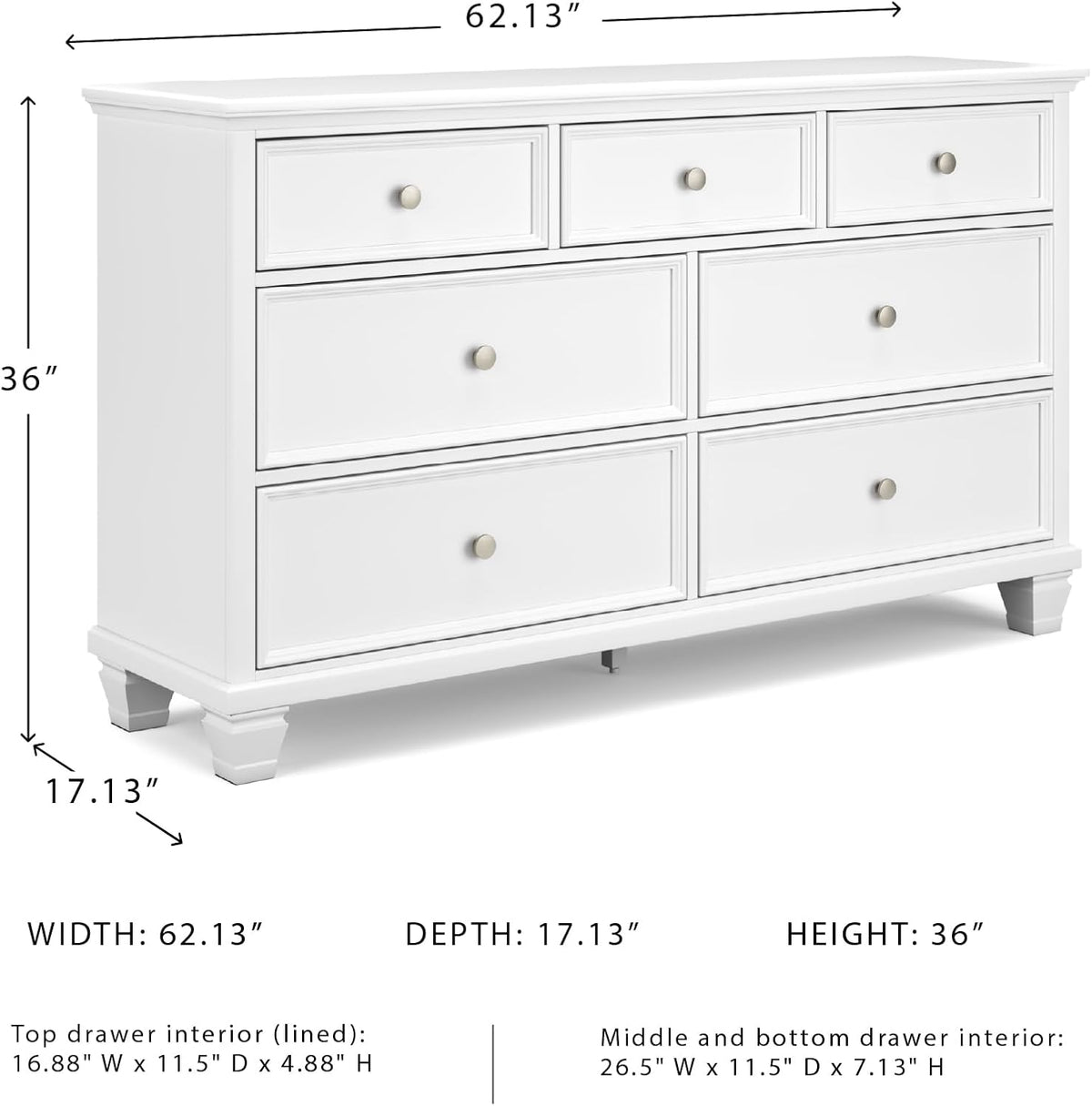 Signature Design by Ashley Fortman White 7-Drawer Wide Dresser for Bedroom | Painted wood chest, Tapered feet, Smooth ball-bearing glides, Durable hardwood solids and MDF substrate construction