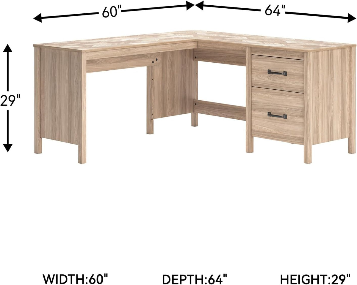 Signature Design by Ashley L-Shaped Home Office Desk with Return, 60" | Space-saving L-shaped corner workstation, Textured chevron engineered wood, Built-in cabinet, Smooth drawer, Battelle Series
