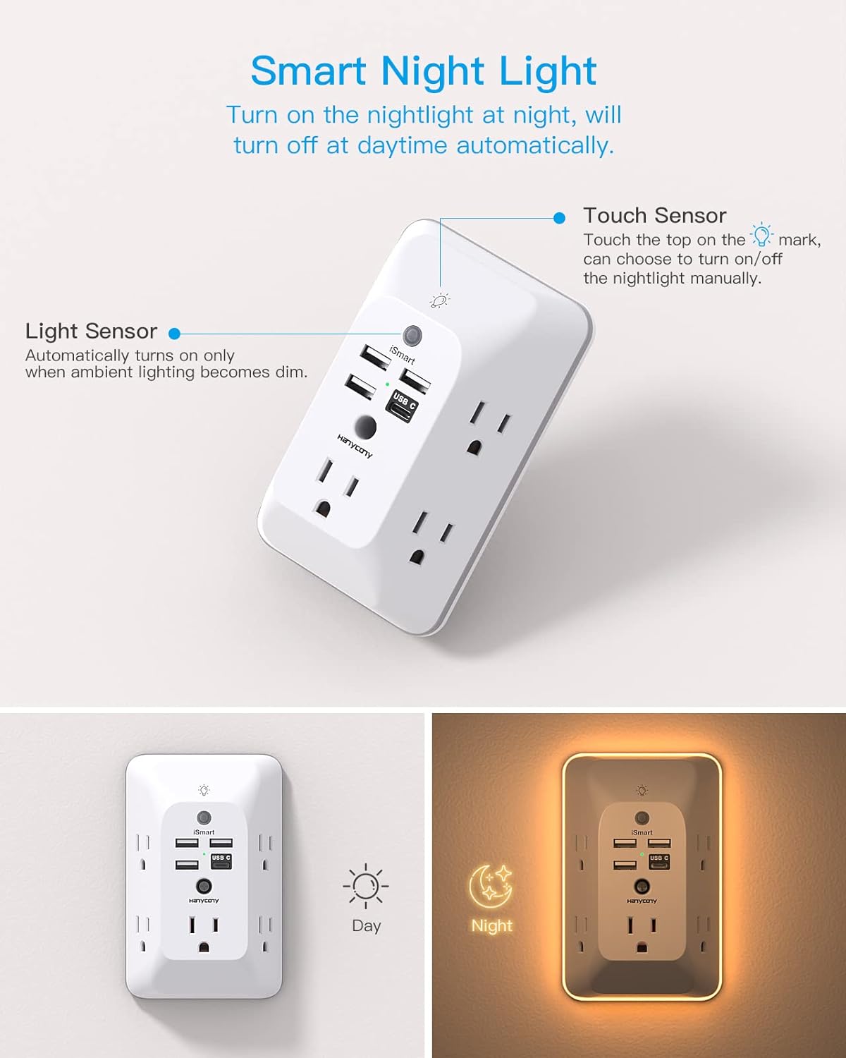 Outlet Extender with Night Light, Multi Plug Wall Outlet, Surge Protector