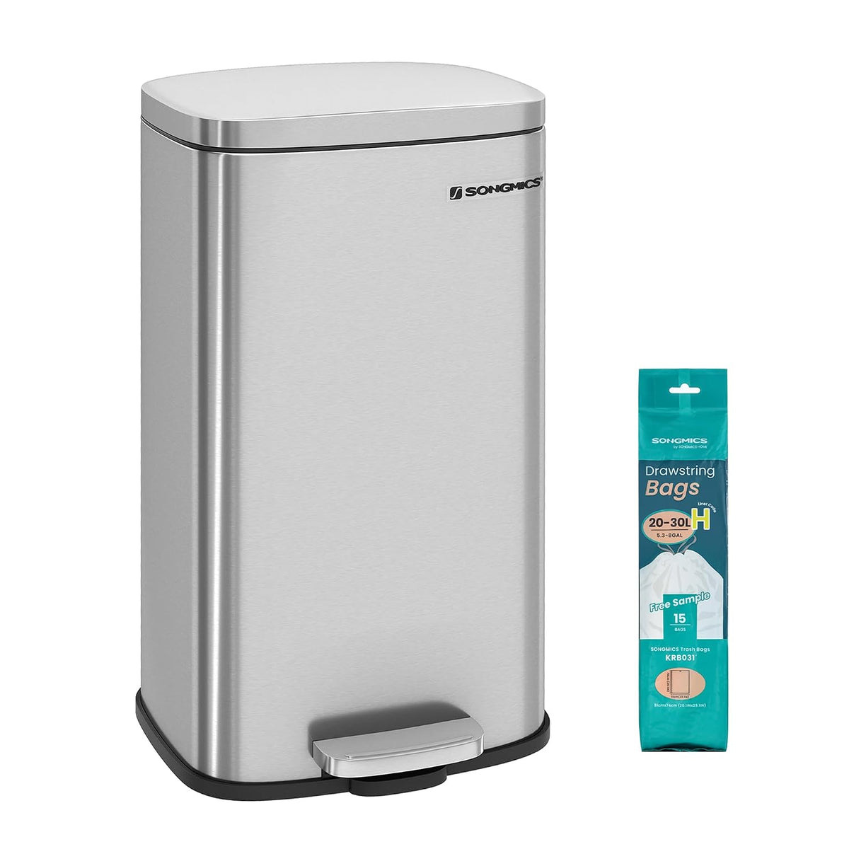 SONGMICS 13 Gallon (50 L) Trash Can, Stainless Steel, Step-On Pedal