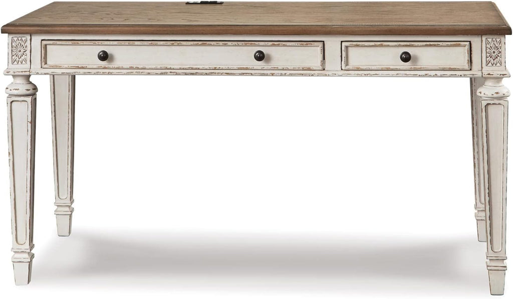 Ashley Realyn 60" Home Office Desk with USB Charging & Round End Table, Chipped White