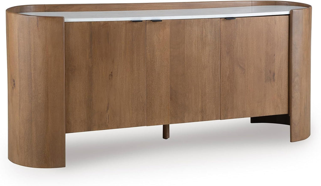 Signature Design by Ashley Modern Accent Cabinet, 66 in Credenza, Fitzroy | Solid mango wood sideboard, Mostly pre-assembled, 3 soft-close doors, Built-in cord management, Natural wood finish