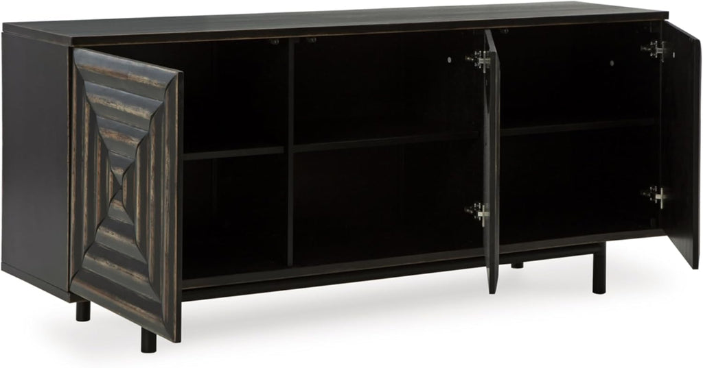 Signature Design by Ashley 72" Black Accent Cabinet Sideboard Buffet | Geometric casual credenza with adjustable shelves, Distressed black wood, veneer and engineered wood, Fair Ridge Series