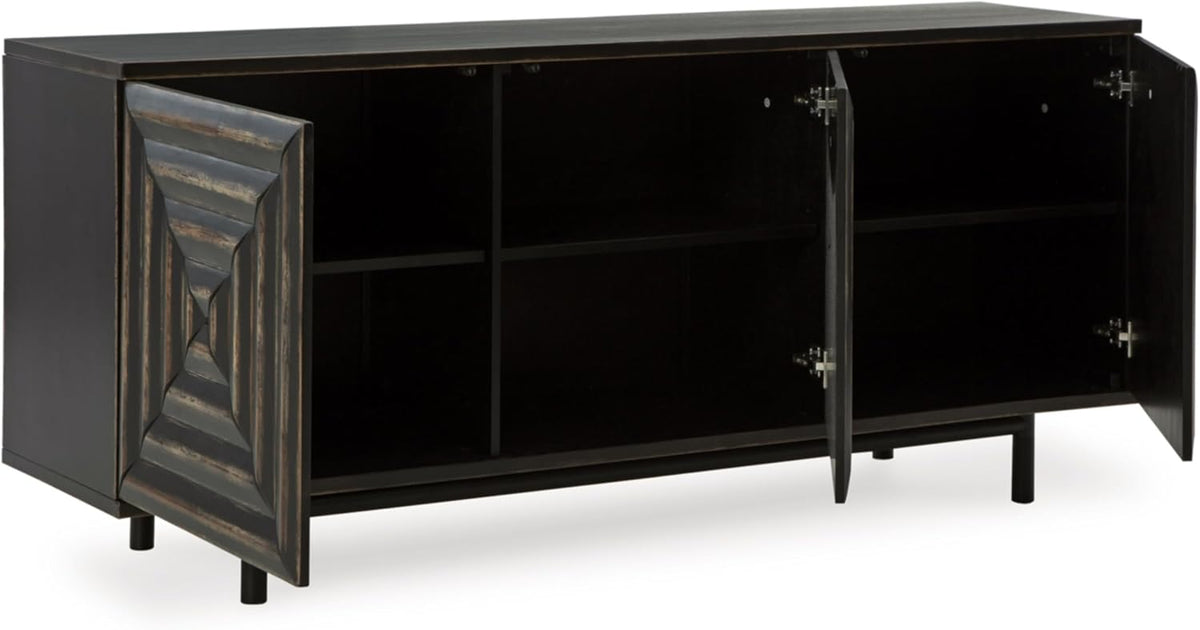 Signature Design by Ashley 72" Black Accent Cabinet Sideboard Buffet | Geometric casual credenza with adjustable shelves, Distressed black wood, veneer and engineered wood, Fair Ridge Series