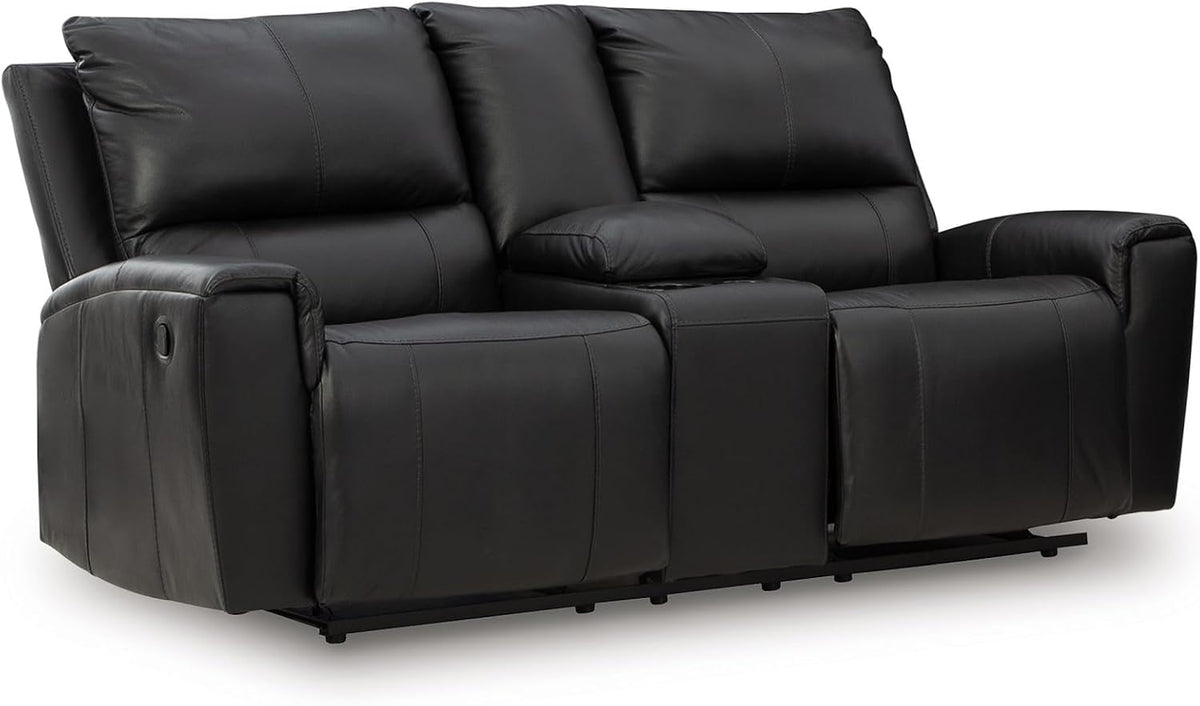 Signature Design by Ashley Leather Reclining Loveseat with Console, Black | Combination of leather and faux leather, Dual manual pull-tabs, Integrated center storage, Glassmere Series