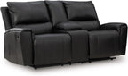 Signature Design by Ashley Leather Reclining Loveseat with Console, Black | Combination of leather and faux leather, Dual manual pull-tabs, Integrated center storage, Glassmere Series