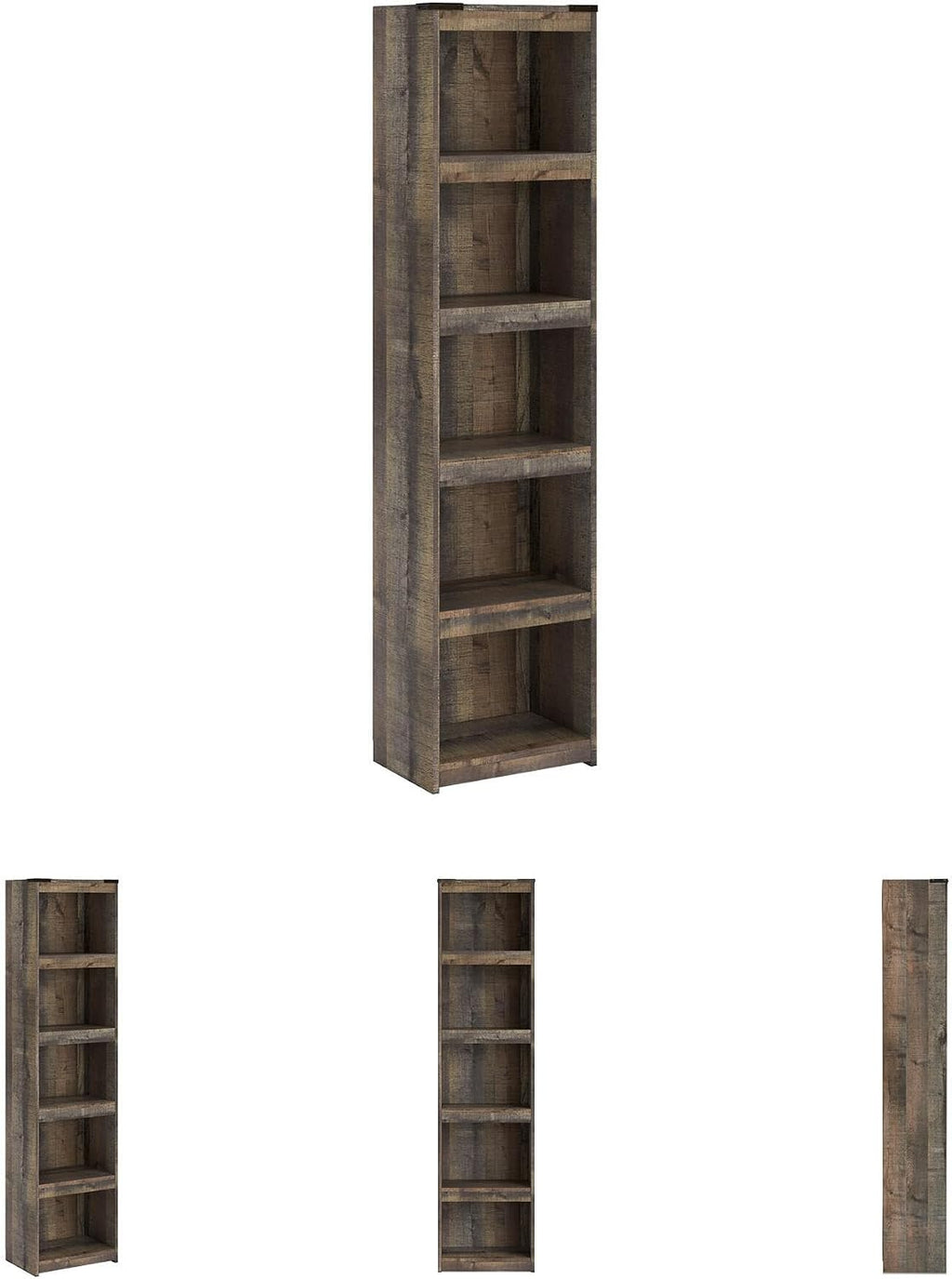 Signature Design by Ashley Trinell Media Pier, 72-Inch Rustic Bookcase | Durable engineered wood, Rustic replicated oak grain, 4 spacious shelves (3 adjustable), Versatile narrow bookshelf
