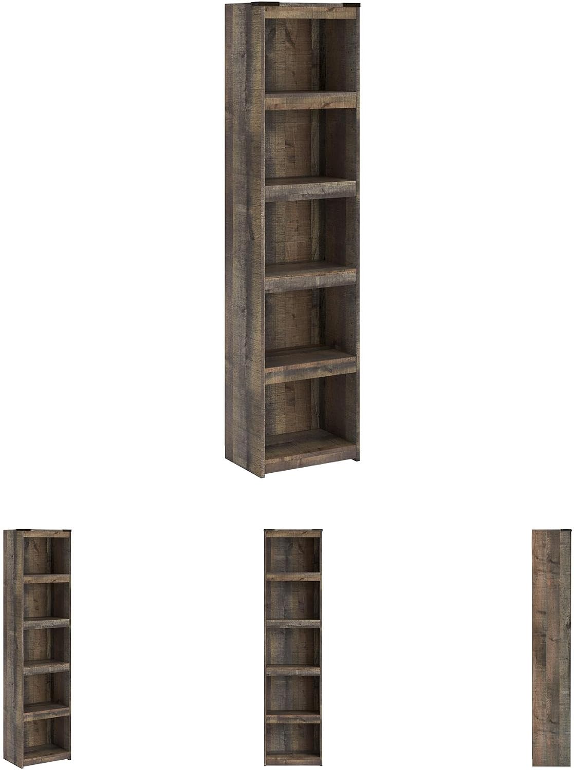 Signature Design by Ashley Trinell Media Pier, 72-Inch Rustic Bookcase | Durable engineered wood, Rustic replicated oak grain, 4 spacious shelves (3 adjustable), Versatile narrow bookshelf