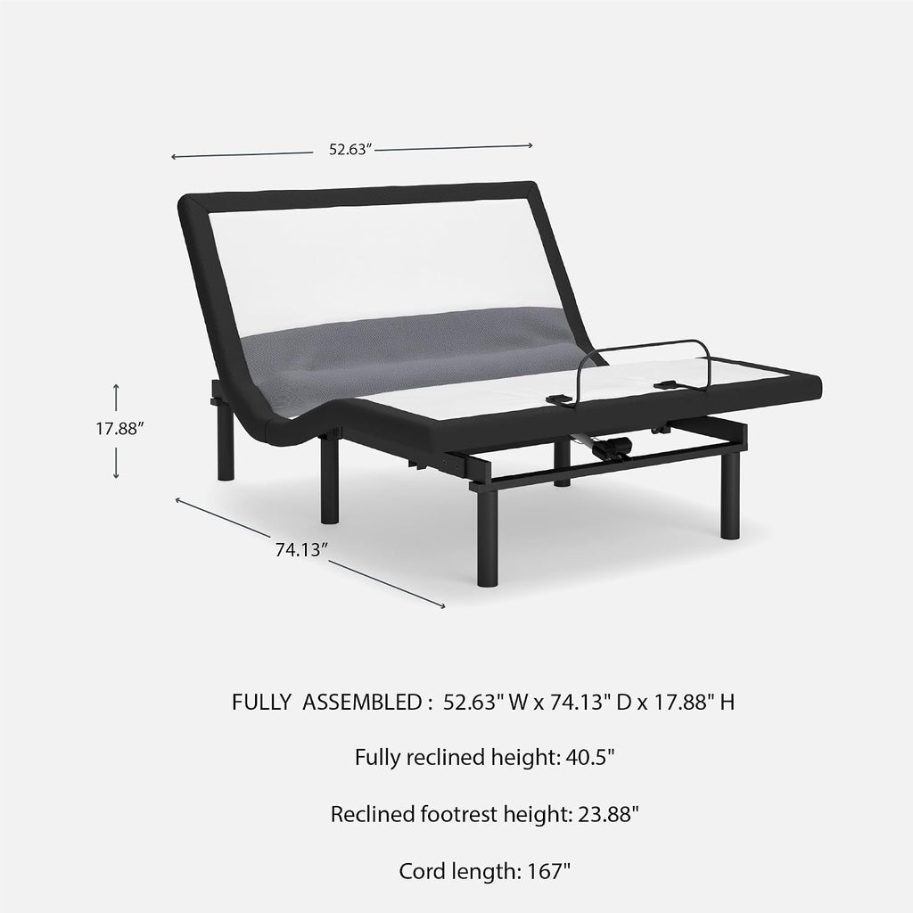 Signature Design by Ashley Adjustable Bed Frame Full Size with Audio | Sturdy metal adjustable bed with lumbar support, Built-in massage and wireless speakers, Charcoal gray upholstery
