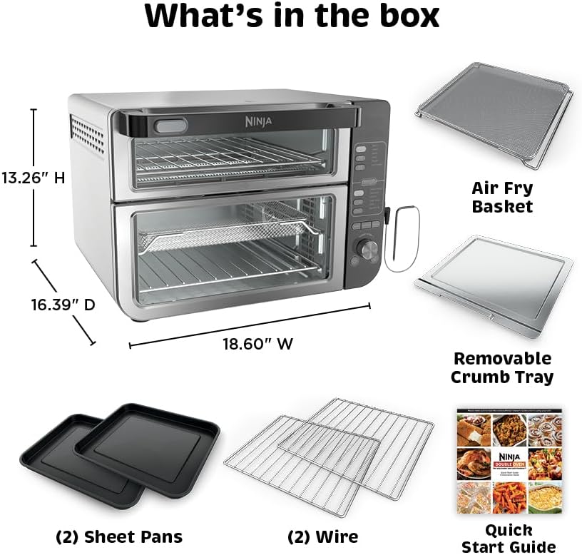 Ninja DCT451 12-in-1 Smart Double Oven with FlexDoor, Thermometer, FlavorSeal, Smart Finish, Rapid Top Convection and Air Fry Bottom , Stainless Steel | Smart Cook thermometer, FlavorSeal, Smart Finish, Air fry, bake, broil, roast, pizza