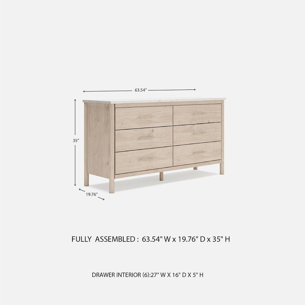 Signature Design by Ashley Cadmori Casual Bohemian Dresser with Post Legs and 6 Drawers, Replicated Marble Top, Wood, 35" High, White and Light Brown Finish