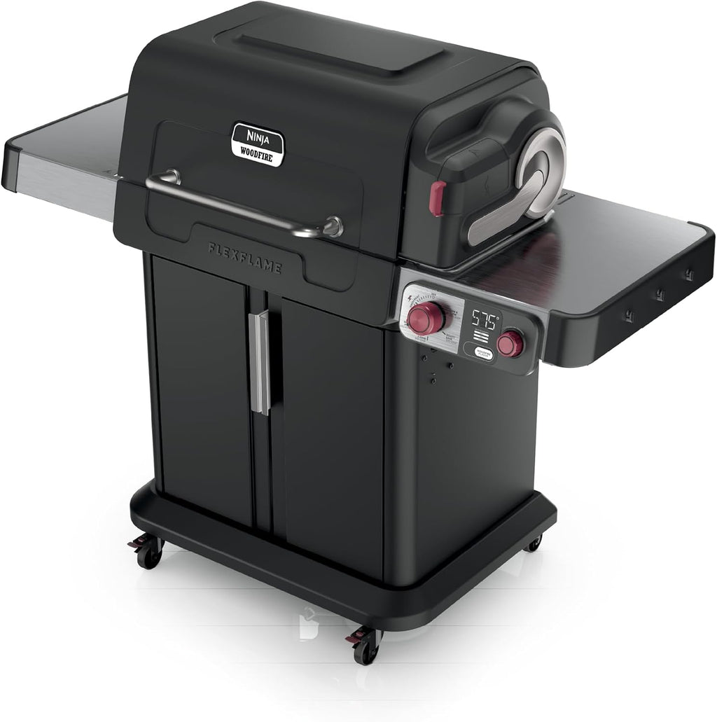 Ninja FlexFlame Grill & Smoker, Electric & Propane, 5-in-1, Black,PG301BK | Ninja FlexFlame is a 5-in-1 grill, smoker & griddle with precise 200-600°F control, fitting 3 chickens or 4 rib racks