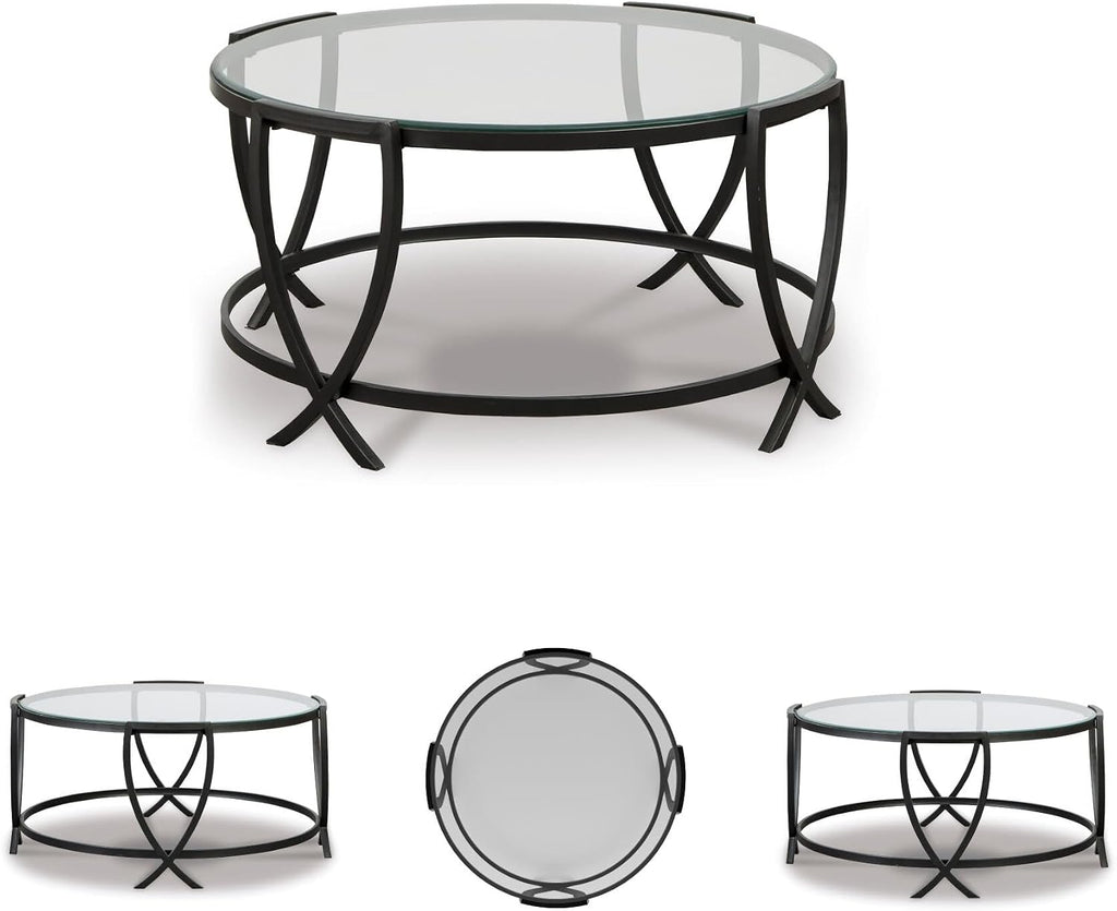 Signature Design by Ashley 3-Piece Glass Top Round Coffee Table Set, Black | Elegant beveled tempered glass, Modern arc-X metal frames, Space-saving Tarrin Series 3-piece set