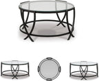 Signature Design by Ashley 3-Piece Glass Top Round Coffee Table Set, Black | Elegant beveled tempered glass, Modern arc-X metal frames, Space-saving Tarrin Series 3-piece set