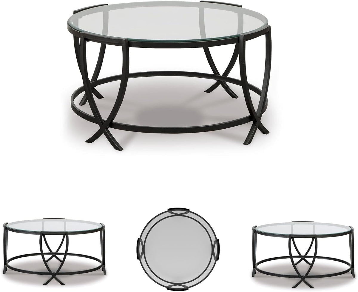 Signature Design by Ashley 3-Piece Glass Top Round Coffee Table Set, Black | Elegant beveled tempered glass, Modern arc-X metal frames, Space-saving Tarrin Series 3-piece set