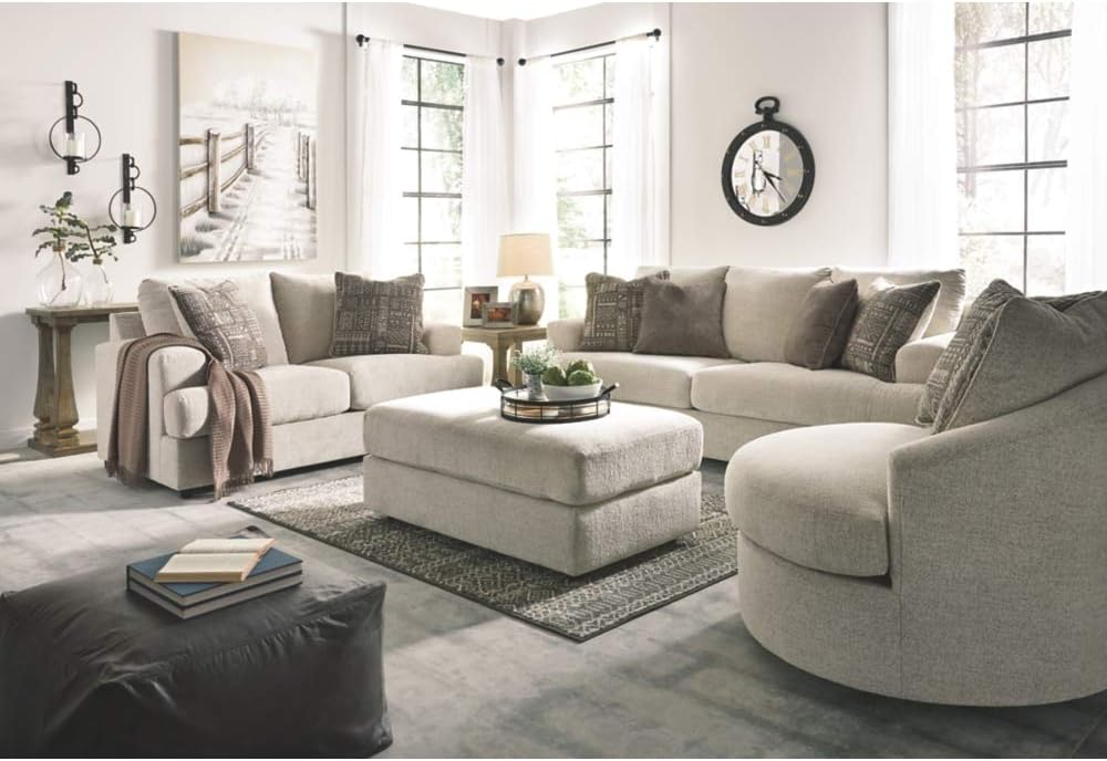 Signature Design by Ashley Soletren Oversized Swivel Accent Chair, Stone | Cozy 100% polyester chenille, Smooth 360-degree swivel base, Includes 2 geometric throw pillows