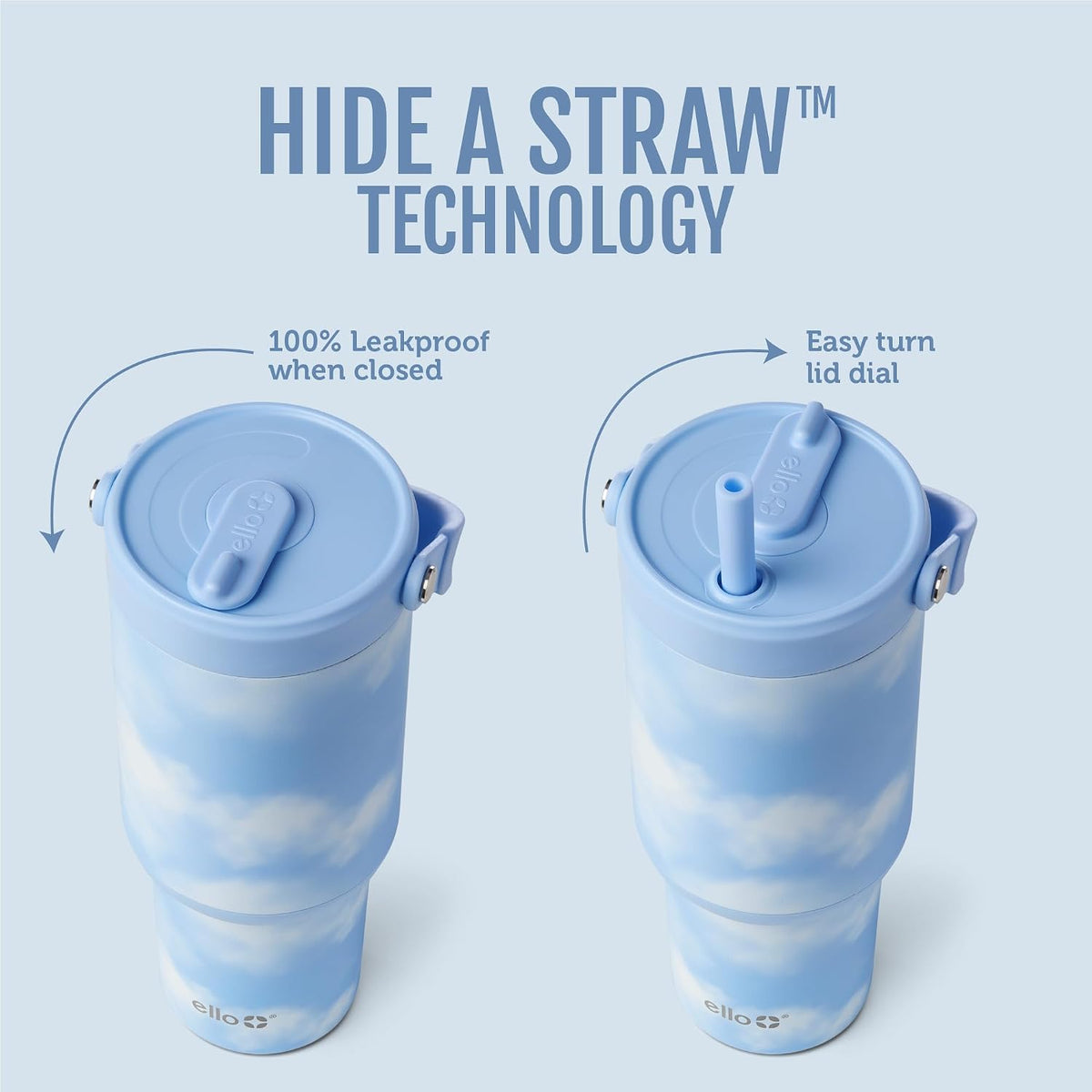 Ello Oasis Go+ 26oz Insulated Stainless Steel Tumbler with Straw, Clouds