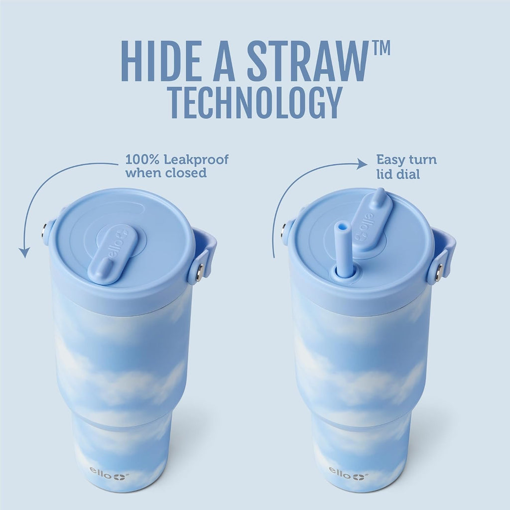 Ello Oasis Go+ 32oz Insulated Stainless Steel Tumbler with Straw, Clouds