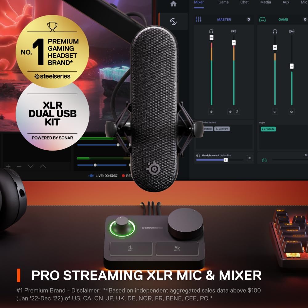 SteelSeries Alias Pro Kit — XLR Mic + Stream Mixer — 3x Bigger Capsule for Gaming, Streaming and Podcasting — USB/XLR Interface — Sonar Audio Software — Custom Controls — RGB — Single or Dual PC