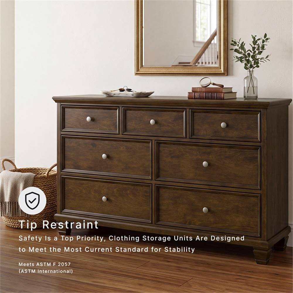 Signature Design by Ashley Traditional 7 Drawer Dresser, Dark Cherry | 62-inch wide dresser made of hardwood solids, birch veneer and MDF substrate, Dark cherry wood finish, Danabrin Series