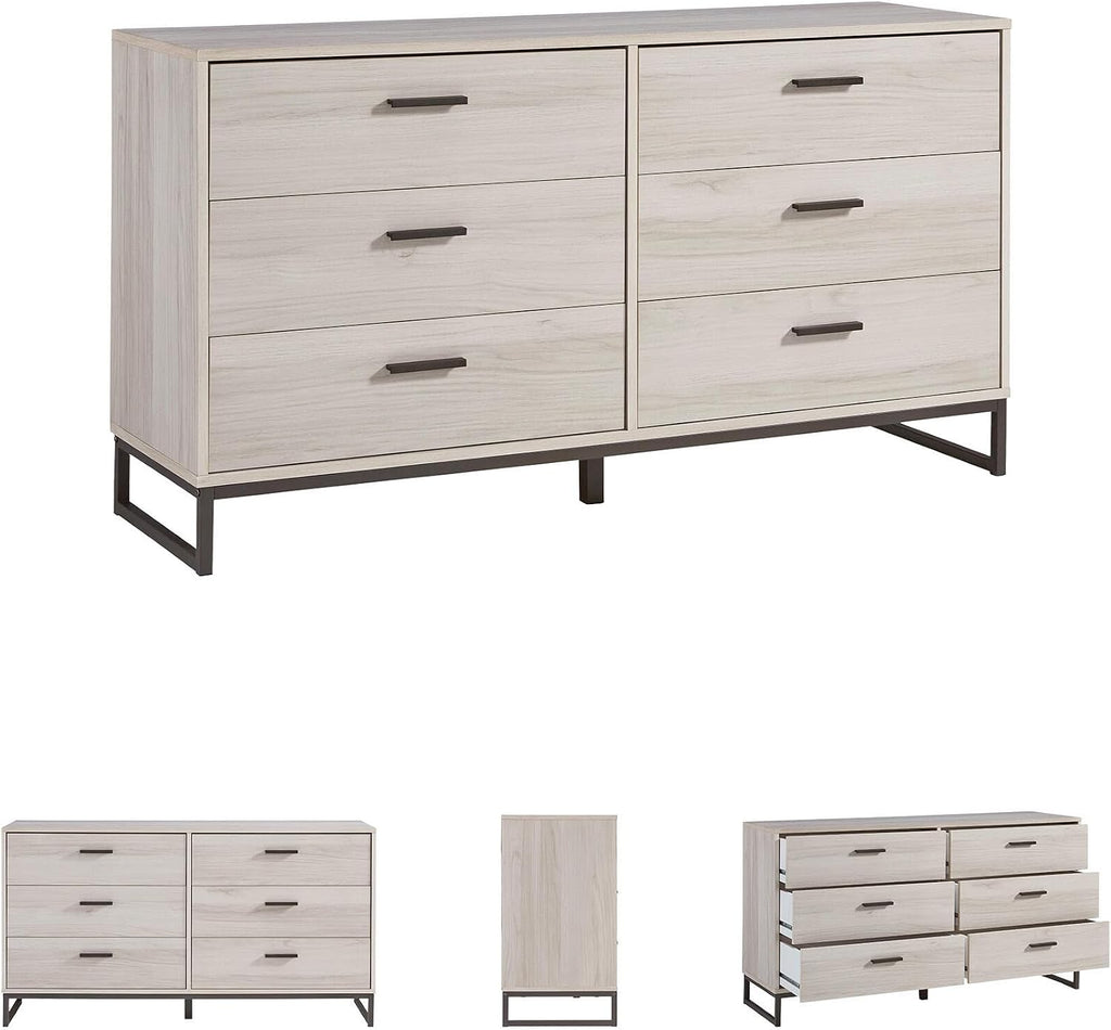 Signature Design by Ashley 6 Drawer Dresser for Bedroom, Light Natural Oak | Textured-grain engineered wood, 6 smooth-glide vinyl-wrapped drawers, Dark pewter pulls, Socalle Series