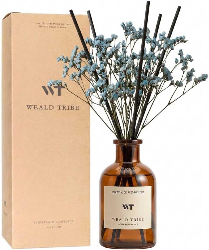 WEALD TRIBE Flower Reed Diffuser Set Eucalyptus & Lavender Scent for Room Bathroom Accessories Shelf Decor & Air Fresheners, Sticks Defusers with 4.0 fl oz Home Fragrance Oils, Office Gift