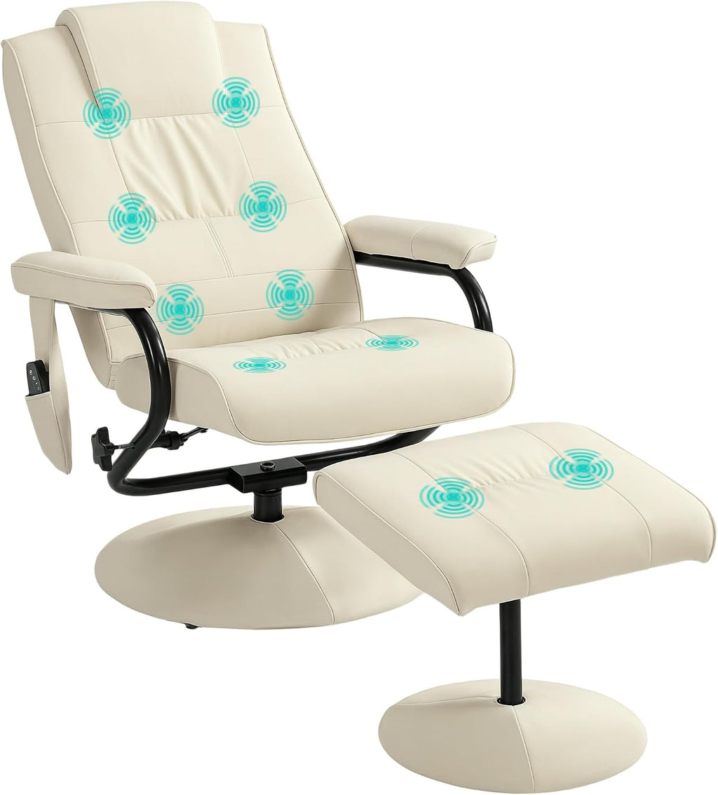HOMCOM Swivel Recliner Chair and Footstool, Massage Recliner, Cream White
