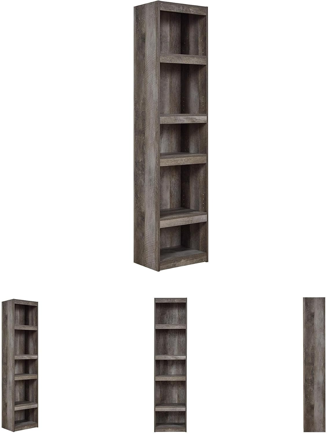 Signature Design by Ashley Wynnlow Tall Pier Bookcase, 72 Inch, Gray | Rustic gray engineered wood, 4 tiered shelves (3 adjustable) for tight spaces, Space-saving 17-inch wide pier design